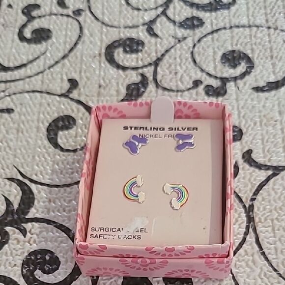 Sterling Silver Kids Earrings - Purple and Rainbow - Picture 1 of 4